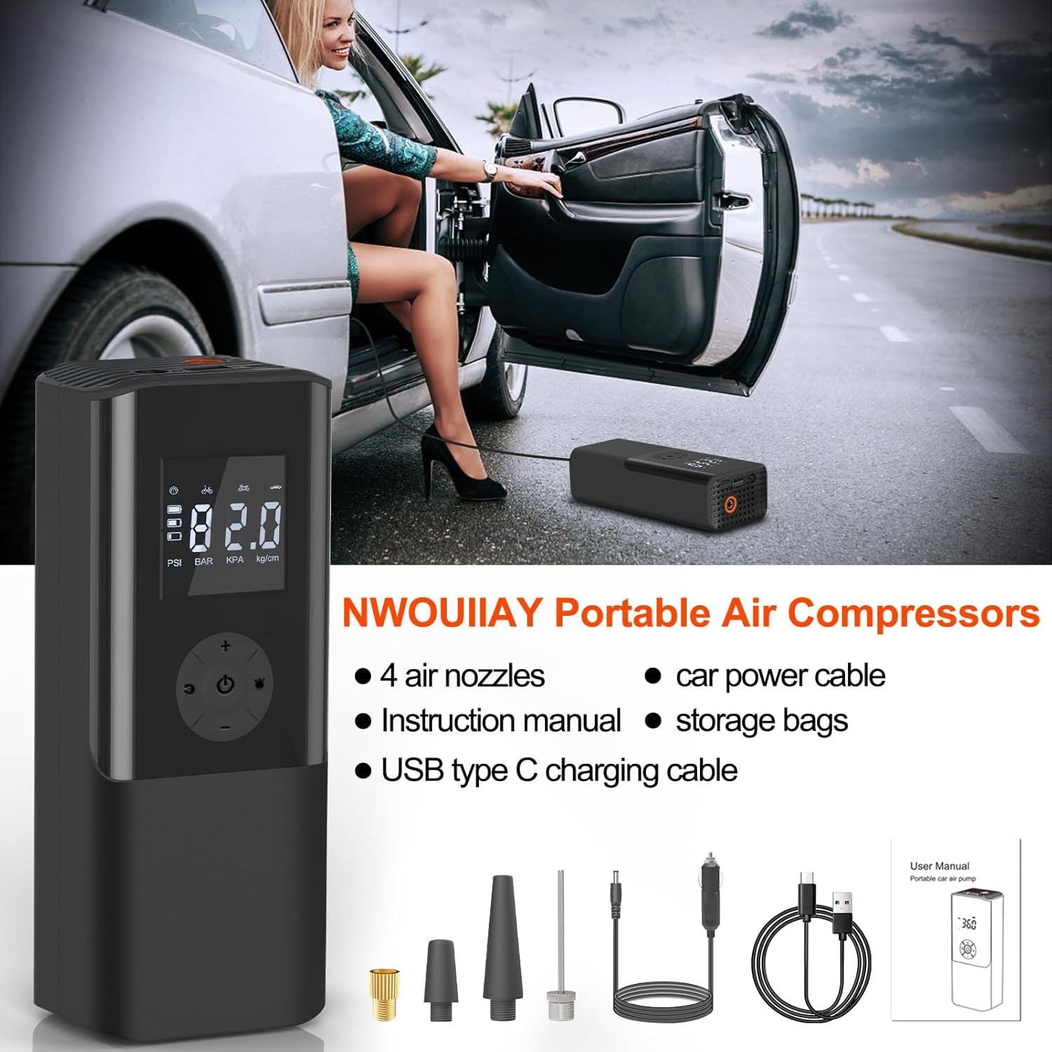 Electric Tyre Inflator Air Compressor 150PSI Portable Car Air Compressor 6000Mah Mini Air Tyre Pump Car 15L/Min USB Rechargeable Battery with LED Light and LCD Display for Motorcycle Car and Bicycle