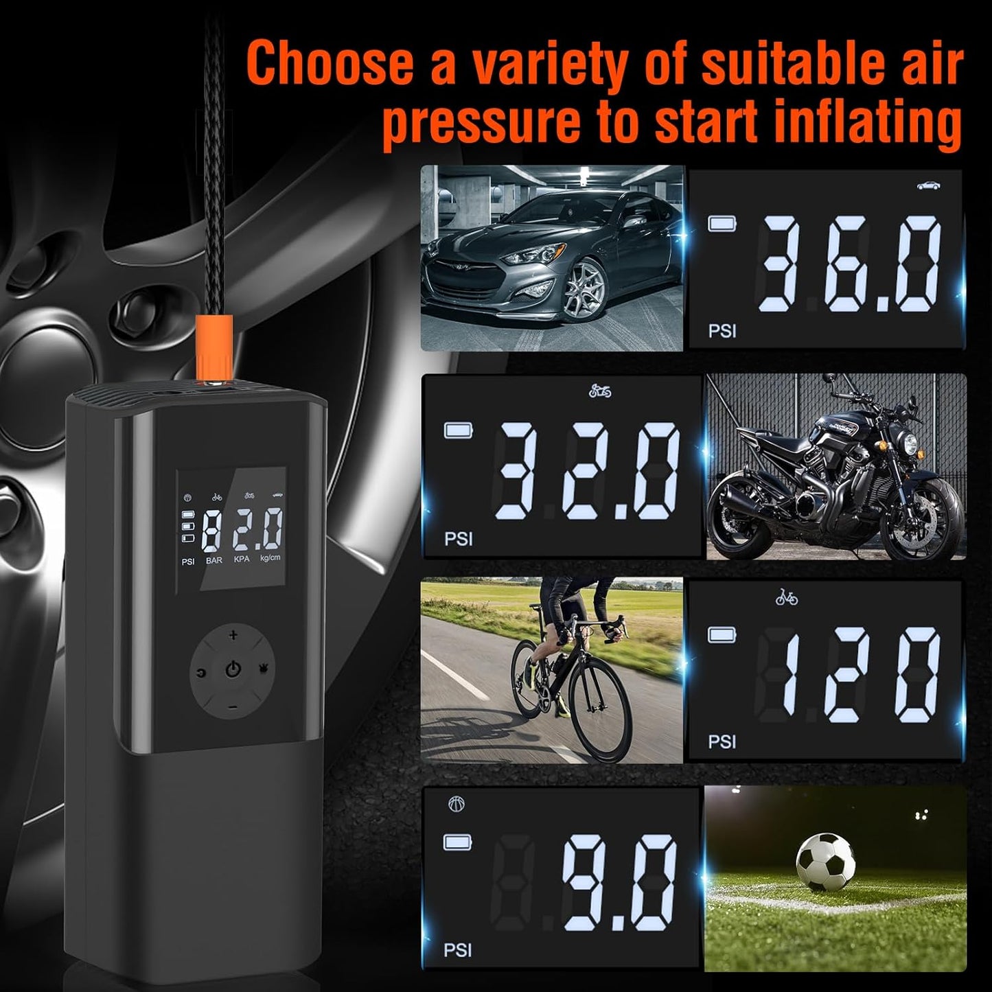 Electric Tyre Inflator Air Compressor 150PSI Portable Car Air Compressor 6000Mah Mini Air Tyre Pump Car 15L/Min USB Rechargeable Battery with LED Light and LCD Display for Motorcycle Car and Bicycle