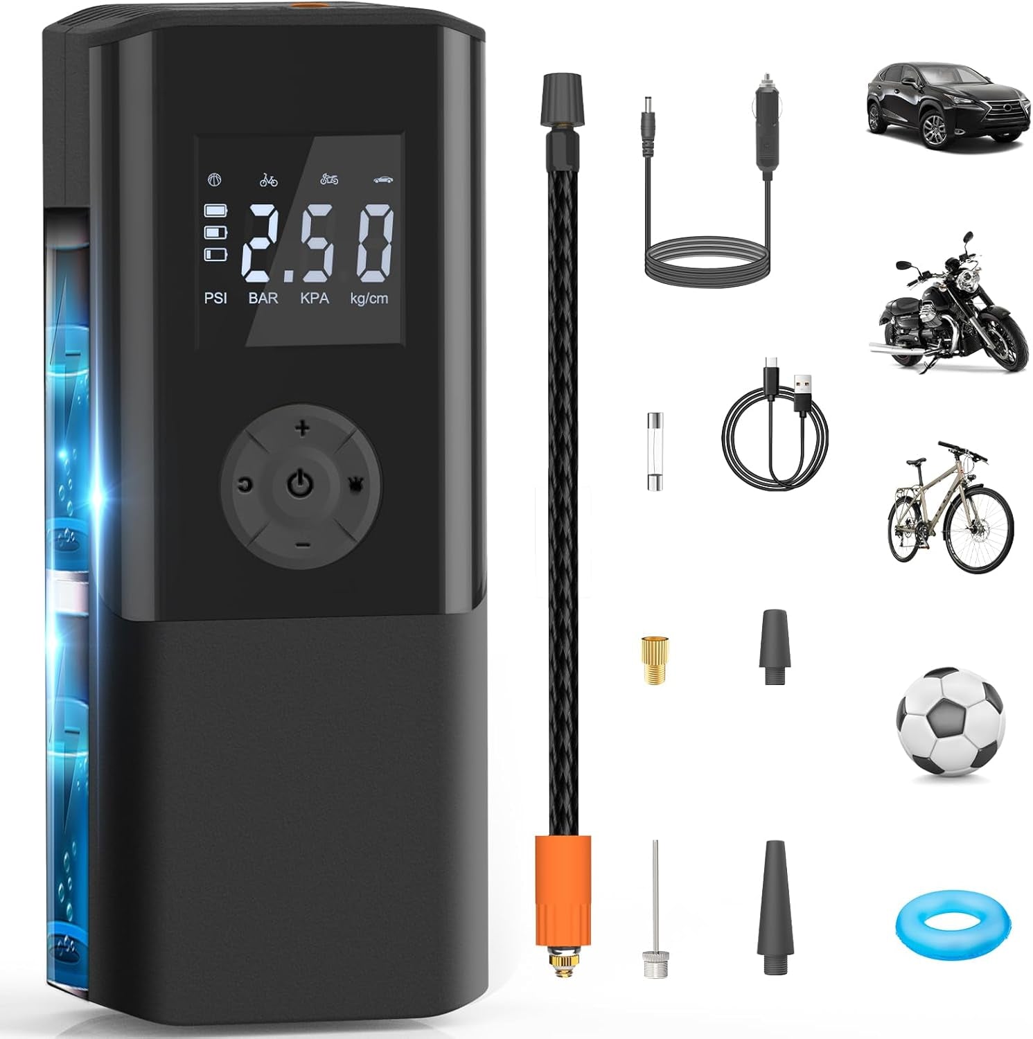 Electric Tyre Inflator Air Compressor 150PSI Portable Car Air Compressor 6000Mah Mini Air Tyre Pump Car 15L/Min USB Rechargeable Battery with LED Light and LCD Display for Motorcycle Car and Bicycle