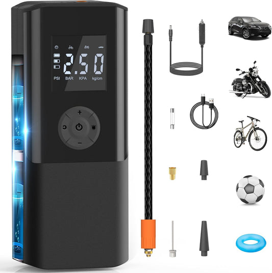 Electric Tyre Inflator Air Compressor 150PSI Portable Car Air Compressor 6000Mah Mini Air Tyre Pump Car 15L/Min USB Rechargeable Battery with LED Light and LCD Display for Motorcycle Car and Bicycle