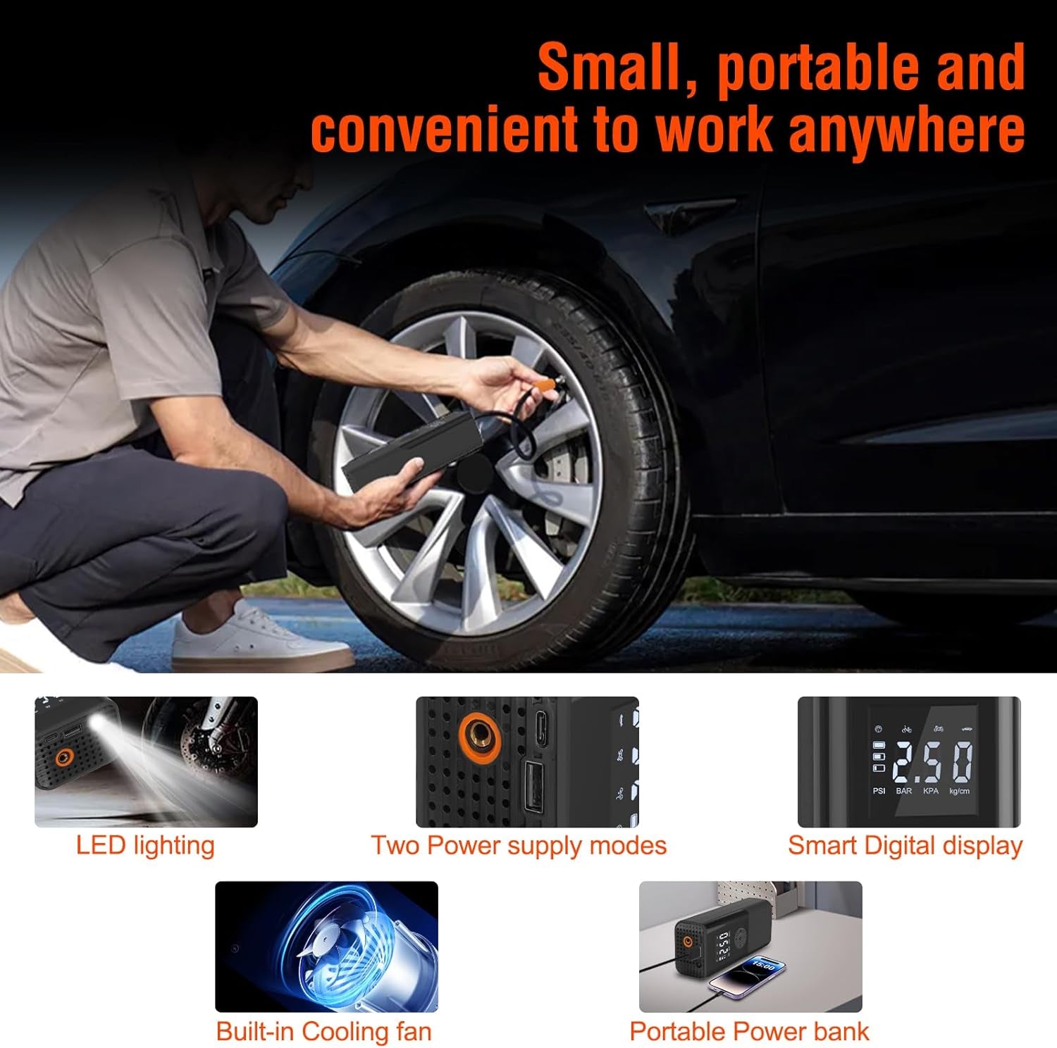 Electric Tyre Inflator Air Compressor 150PSI Portable Car Air Compressor 6000Mah Mini Air Tyre Pump Car 15L/Min USB Rechargeable Battery with LED Light and LCD Display for Motorcycle Car and Bicycle