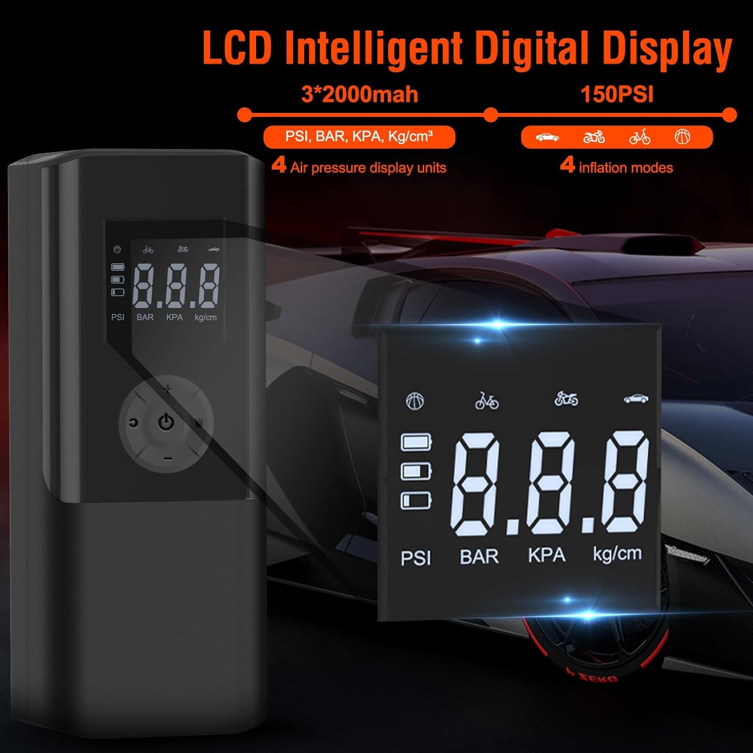 Electric Tyre Inflator Air Compressor 150PSI Portable Car Air Compressor 6000Mah Mini Air Tyre Pump Car 15L/Min USB Rechargeable Battery with LED Light and LCD Display for Motorcycle Car and Bicycle