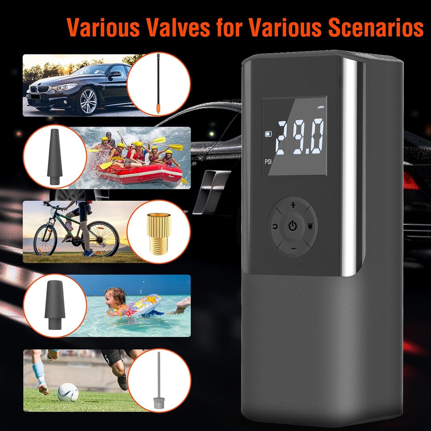 Electric Tyre Inflator Air Compressor 150PSI Portable Car Air Compressor 6000Mah Mini Air Tyre Pump Car 15L/Min USB Rechargeable Battery with LED Light and LCD Display for Motorcycle Car and Bicycle