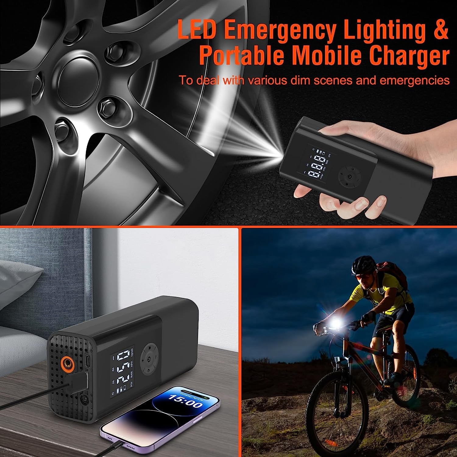 Electric Tyre Inflator Air Compressor 150PSI Portable Car Air Compressor 6000Mah Mini Air Tyre Pump Car 15L/Min USB Rechargeable Battery with LED Light and LCD Display for Motorcycle Car and Bicycle